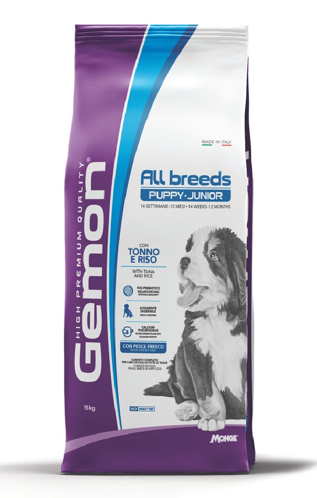 Ushqim për Qen Gemon Puppy & Junior me Ton & Oriz – Për Të Gjitha Racat